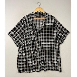 Modern Professional 80 Park Womens 3X Black Plaid Tie Neck Short Sleeve Blouse
